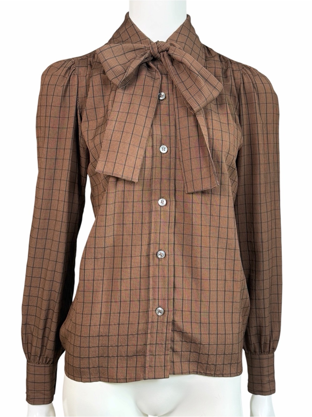 Vintage Saint Laurent Rive Gauche Silk Bow Tie Plaid Blouse EU 34 US 2